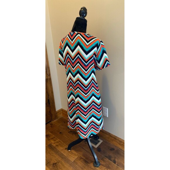 Bobbie Brooks Chevron Dress Size 1X Turquoise Orange Stretchy Flare Hemline - Picture 4 of 12